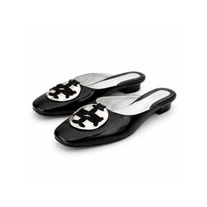 Tory Burch Patos Logo Kitten Heel Mules Black Leather Womens 6.5 New